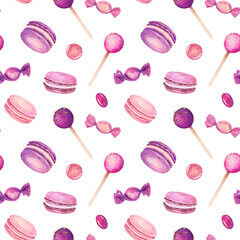 Wall Mural - Seamless pattern with watercolor colorful macaroons isolated on white background.