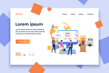 Poster - People doing shopping and working in internet store. Consumer, loader, computer, map. Online shop concept. Vector illustration can be used for topics like sale, special offer, deal