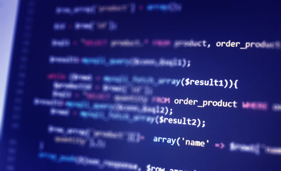 software development monitor screen background. developer display with source code. programming conc