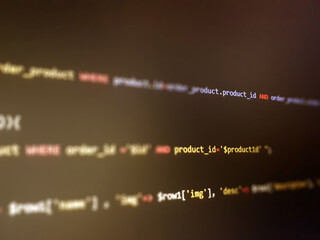software development monitor screen background. developer display with source code. programming conc