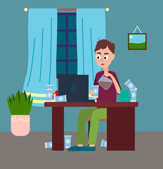 Young tired guy sitting at laptop at home, many empty coffee paper cups, drink coffee. Sleepless night, watch movies, surf the Internet until late. Night outside the window. Flat vector illustration