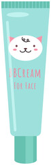 Wall Mural - Cute face bbqcream in tube isolated on a white background. Blue tube sticker with cheerful kitten head. Tone cream, face and body skin care product. Part of series of korean decorative cosmetics items