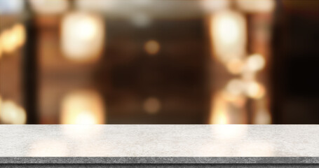 Wall Mural - Empty white marble stone table top and blur interior cafe and restaurant.