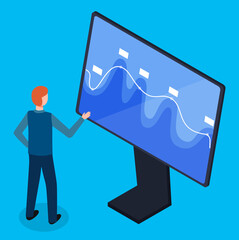 Poster - 3d isometric vector illustration. office worker thinking, looking at screen with vibrating graphics,