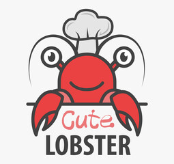 Wall Mural - Funny cartoon seafood shop mascot. Happy lobster chef. Crawfish bar icon. Design for print, emblem, t-shirt, party decoration, sticker, logotype.