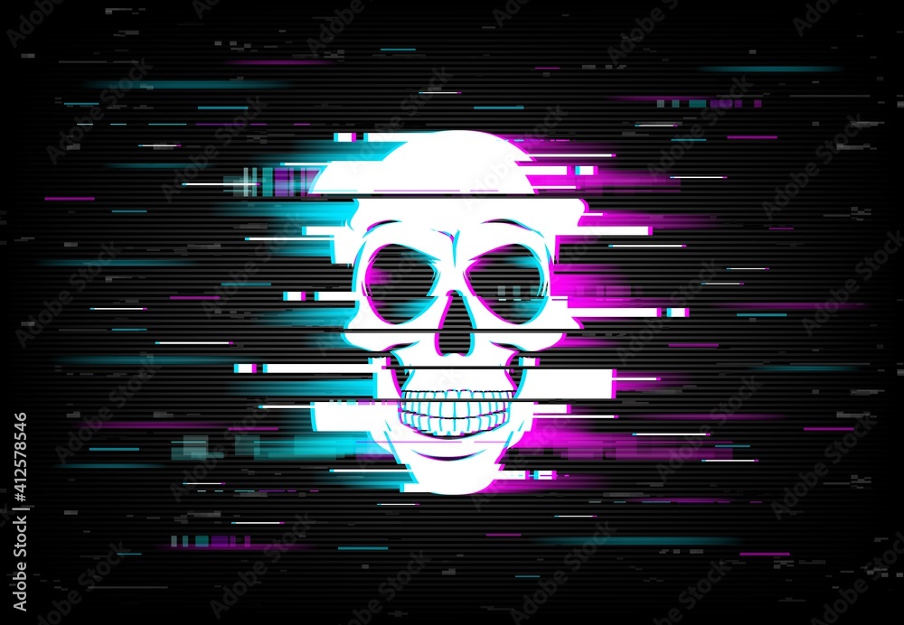 Glitch on computer screen with smiling human skull. Artificial ...