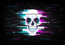 Glitch On Computer Screen With Smiling Human Skull. Artificial Intelligence, Computer Virus And Hacker Attack Danger, Online Cybersecurity Threats Background With Video Signal Error Effect Vector