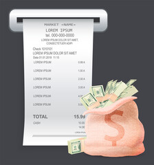 Aufkleber - payment check paper document poked out of the cash register near a bag with bills and dollar sign is