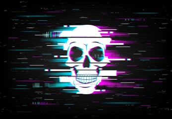 Leinwandbilder - Glitch on computer screen with smiling human skull. Artificial intelligence, computer virus and hacker attack danger, online cybersecurity threats background with video signal error effect vector