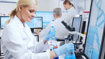 Canvas Print - Professional team of scientists is working on a vaccine in a modern scientific research laboratory. Genetic engineer workplace. Future technology and science.