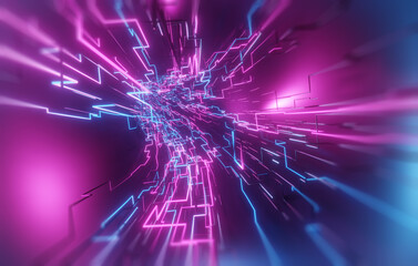 Poster - neon high tech digital circuit concept of computer circuit. 3d render
