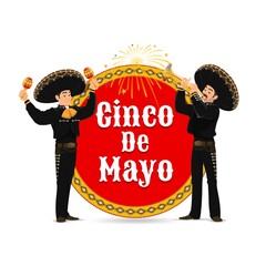 Canvas Print - Cinco de Mayo vector icon with Mariachi band. Mexican musicians in sombrero and national costumes playing trumpet and maracas at round label with typography and fireworks. Mexico event isolated badge