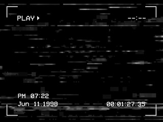 Aufkleber - Play noise and glitch TV screen background, VHS tape video effect, vector. White noise on television display or camera viewfinder frame, digital pixel static error, glitch playback cassette distortion