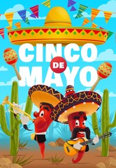 Canvas Print - Cinco de Mayo vector poster. Cartoon red hot jalapenos characters play music for Cinco de Mayo celebration event in desert with cacti. Chili peppers in mexican sombrero playing trumpet and guitar