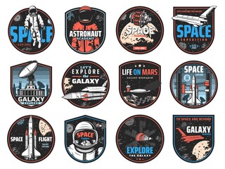 Poster - Space retro badges with vector astronauts, spaceships and universe galaxy planets. Rocket launch, satellite and shuttle, Earth, Moon and star, spaceman, spacesuit, helmet and lunar rover icons