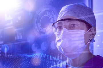 Wall Mural - Female scientist wearing lab glasses and protective mask examines data on a transparent digital screen. Concept of innovative technology in medical research, HUD style.