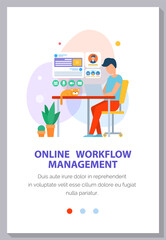 Poster - Online workflow management person working with laptop at his workplace. Website landing page template flat vector illustration. Male communicates using computer wireless device and profile icon
