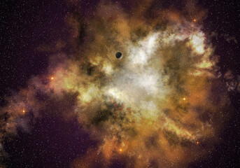 Wall Mural - planet orbiting a distant glowing nebula