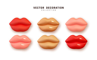 Lips realistic 3d render of red and pink and cinnamon shades. Women's shapes lip, glossy and matte. Isolated set on white background. Decoration objects for design. Vector illustration