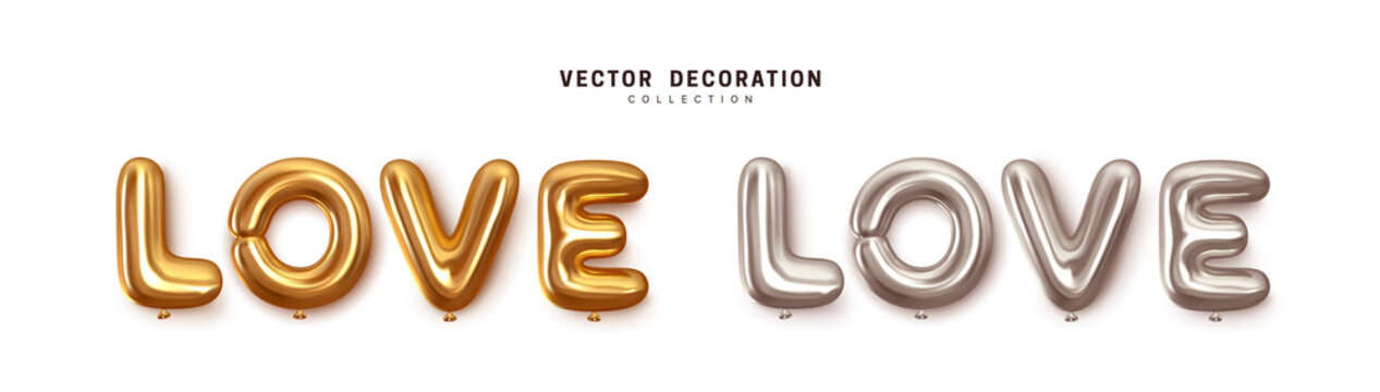 Love word text from helium balloons. Realistic ballons of letter love, gold and silver color. Festive decorative 3d render object. Celebration decor. Element for romantic design. Vector illustration