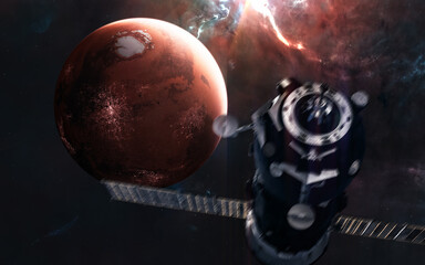 Wall Mural - mars. inhabited red planet of solar system. the space station is blurred in motion. 3d render. scien