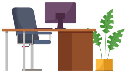 Poster - Modern workplace flat design. Office chair and office desk with a computer monitor and green potted plant. Furniture and equipment for the workplace of an employee isolated on white background
