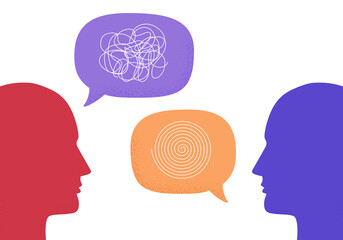 vector illustration of two human heads silhouette talking through speech bubbles. concept of psychot