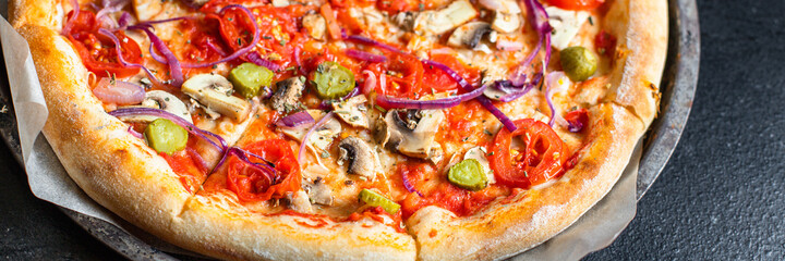 vegetable pizza tomato, onion, pickles, mushrooms vegan or vegetarian no meat portion on the table healthy meal snack outdoor top view copy space food background rustic 