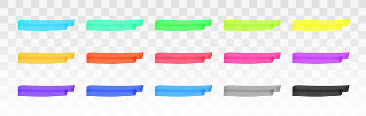 Aufkleber - Color highlighter lines set isolated on transparent background. Red, yellow, pink, green, blue, purple, gray, black marker pen highlight underline strokes. Vector hand drawn graphic stylish element