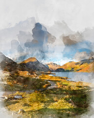 Wall Mural - Digital watercolor painting of Beautiful late Summer landscape image of Wasdale Valley in Lake District, looking towards Scafell Pike, Great Gable and Kirk Fell mountain range