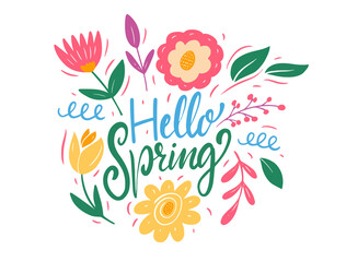 hello spring lettering and colorful flowers. flat style vector illustration.