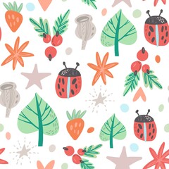 Wall Mural - Sweet Nursery Seamless Pattern with Leaves, Berries and Ladybugs.