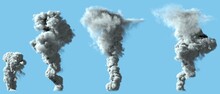 4 Different Renders Of Dense Bright Smoke Column As From Volcano Or Large Industrial Explosion - Pollution Concept, 3d Illustration Of Object
