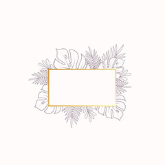 Canvas Print - Monstera and Fern Tropical Leaves Blank Banner or Label Template. Abstract Foliage with Horizontal Rectangle Golden Frame. Good for Wedding or Party Invitation, etc. Isolated