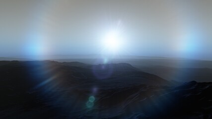 Wall Mural - realistic surface of an alien planet, view from the surface of an exo-planet, canyons on an alien planet, stone planet, desert planet 3d render