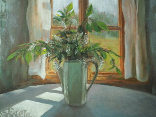 Vase with flowering ivy branches. Oil painting on canvas