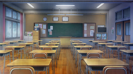 Classroom - Overcast and Turn on the light , 2D Anime background , Illustration.
