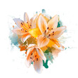 Beautiful lilies of flowers in orange and green dark colors. The gentle calm of a delightful artistic image of nature