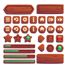 Poster - Wooden buttons for ui game, gui elements isolated on white background. Vector cartoon kit of brown wood banners, menu buttons with signs, arrows and progress bar for mobile game