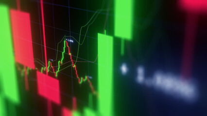 Poster - Business investment finance analysis data statistics digital stock market exchange forex trading graph chart financial candlestick indicator screen board abstract graphic design background. 3d render.