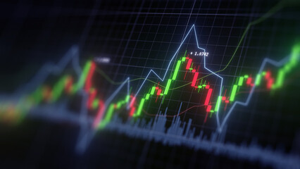 Fototapete - Business investment finance analysis data statistics digital stock market exchange forex trading graph chart financial candlestick indicator screen board abstract graphic design background. 3d render.