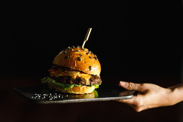 beef cheese burger on black background food photography