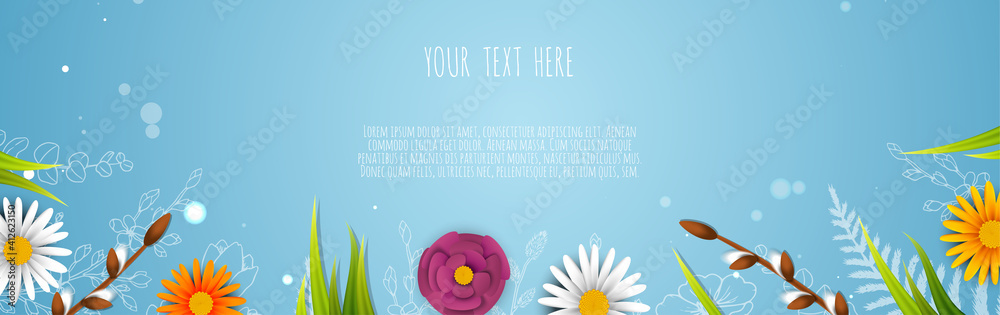 Spring sale banner with flowers. Banner perfect for promotions, magazines, advertising, web sites. Vector illustration. - obrazy, fototapety, plakaty 