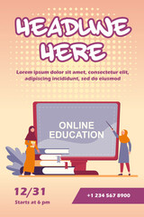 Wall Mural - tiny arabian woman learning via computer. book, student, internet flat vector illustration. study an