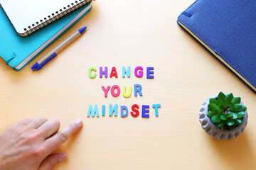 Poster - concept image with change your mindset text. top view of office table