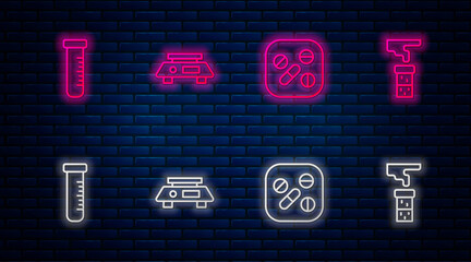 Poster - Set line Electronic scales, Medicine pill or tablet, Test tube and flask and . Glowing neon icon on brick wall. Vector.