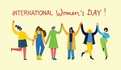 Wall Mural - Diverse international and interracial group of standing women. For girls power concept, feminine and feminism ideas. Vector illustration.