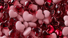 Multicolored Heart Background. Valentine Wallpaper With Pink, Red Glass And Red Metallic Love Hearts. 3D Render 