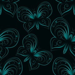 Wall Mural - Beautiful butterfly. Vector seamless pattern with decorative contour butterflies on a dark background.