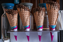 Closeup Shot Of Ice Cream Cones With Chocolate